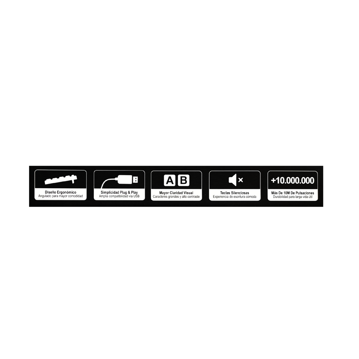 banner con íconos de diseño ergonómico, plug and play, claridad visual, teclas silenciosas y durabilidad